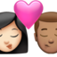 kiss: woman, man, light skin tone, medium skin tone on Apple