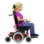 woman in motorized wheelchair facing right: medium-light skin tone on Apple
