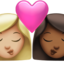 kiss: woman, woman, medium-light skin tone, medium-dark skin tone on Apple