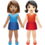 women holding hands: medium skin tone, light skin tone on Apple