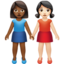 women holding hands: medium-dark skin tone, light skin tone on Apple