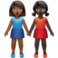 women holding hands: medium-dark skin tone, dark skin tone on Apple