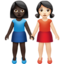women holding hands: dark skin tone, light skin tone on Apple