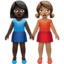 women holding hands: dark skin tone, medium skin tone on Apple