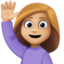 woman raising hand: medium-light skin tone on Facebook
