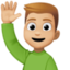 man raising hand: medium-light skin tone on Facebook