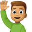 man raising hand: medium skin tone on Facebook