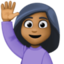woman raising hand: medium-dark skin tone on Facebook