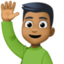 man raising hand: medium-dark skin tone on Facebook