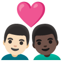 couple with heart: man, man, light skin tone, dark skin tone on Google