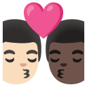 kiss: man, man, light skin tone, dark skin tone on Google