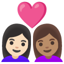 couple with heart: woman, woman, light skin tone, medium skin tone on Google