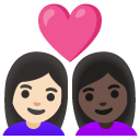 couple with heart: woman, woman, light skin tone, dark skin tone on Google