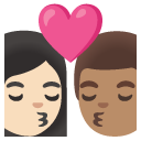kiss: woman, man, light skin tone, medium skin tone on Google