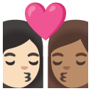 kiss: woman, woman, light skin tone, medium skin tone on Google