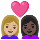 couple with heart: woman, woman, medium-light skin tone, dark skin tone on Google