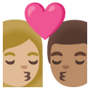 kiss: woman, man, medium-light skin tone, medium skin tone on Google