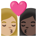 kiss: woman, woman, medium-light skin tone, dark skin tone on Google
