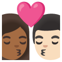 kiss: woman, man, medium-dark skin tone, light skin tone on Google