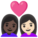 couple with heart: woman, woman, dark skin tone, light skin tone on Google