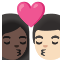 kiss: woman, man, dark skin tone, light skin tone on Google