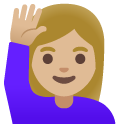 woman raising hand: medium-light skin tone on Google