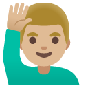 man raising hand: medium-light skin tone on Google