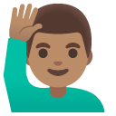 man raising hand: medium skin tone on Google