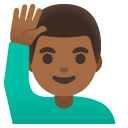 man raising hand: medium-dark skin tone on Google