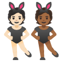 people with bunny ears: light skin tone, medium-dark skin tone on Google