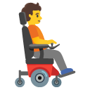 person in motorized wheelchair facing right on Google